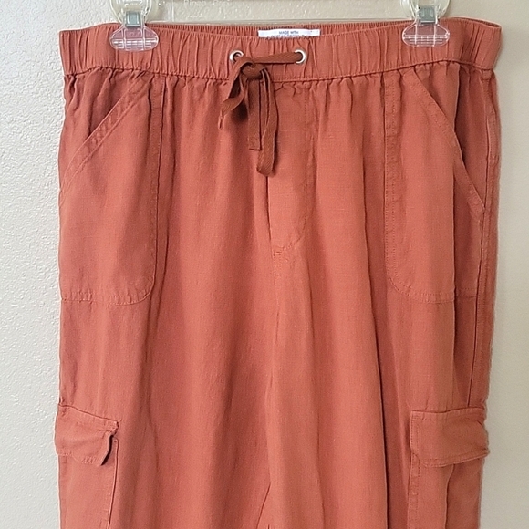 Nicole Miller Orange 100% Linen Cargo Joggers - Size Large - Picture 2 of 9